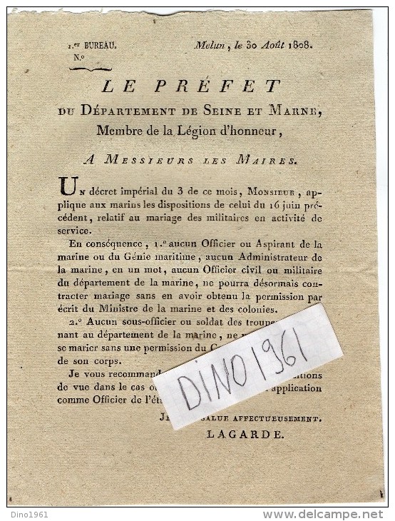 VP1337 - Empire - Napoléon - MELUN - Décret Concernant Le Mariage Des Militaires ( Marins ) De L´ Empire - Decrees & Laws