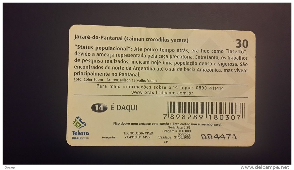 Brasil-serie Jacare-(telems)- Number 3/6-used Card - Coccodrilli E Alligatori