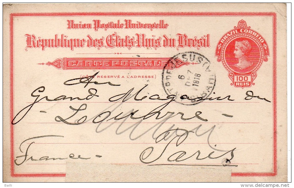 BRESIL ENTIER POSTAL POUR LA FRANCE 1918 - Postwaardestukken