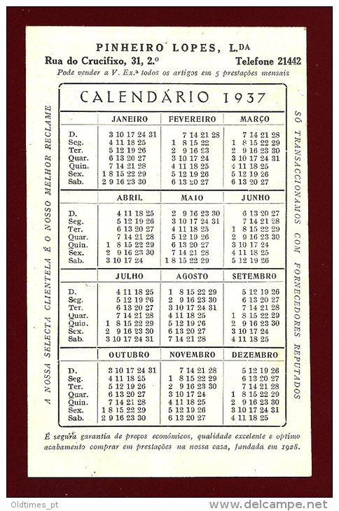 PORTUGAL - LISBOA - PINHEIRO LOPES - ARTIGOS DE VESTUARIO - CALENDÁRIO - 1937 OLD ADVERTISING CALENDAR - Small : 1921-40