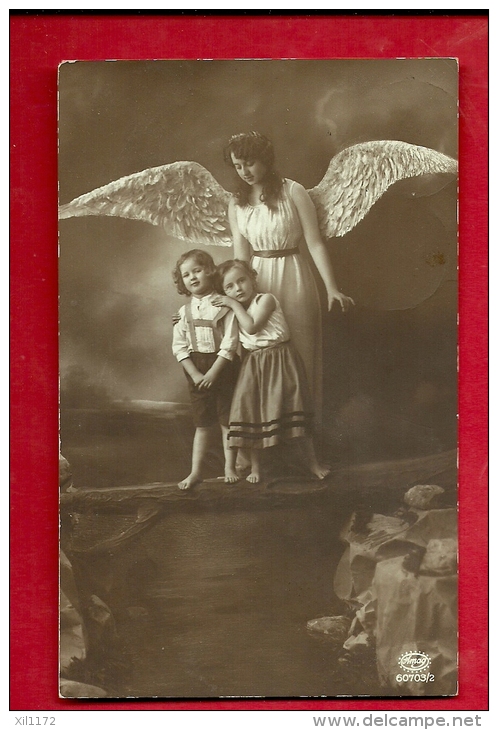 CAN-01 Ange Protecteur Avec Deux Anfants. Cachet 1914 - Angels