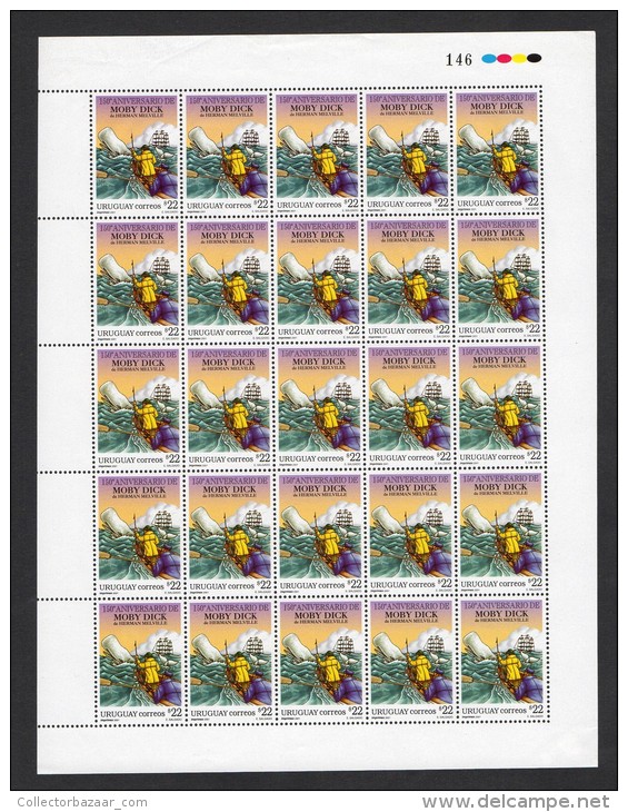 Moby Dick Herman Melville 150th Aniv. Whale Boat Literature Full Sheet MNH  URUGUAY 2001 Sc# 1912 Cat Value $125 - Baleines