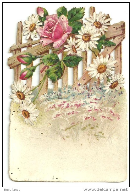 Chromo-image Gaufrée, Barrière Finement Découpée,roses, Marguerites, DIM. 10.5cm X 7.5 Cm - Fiori