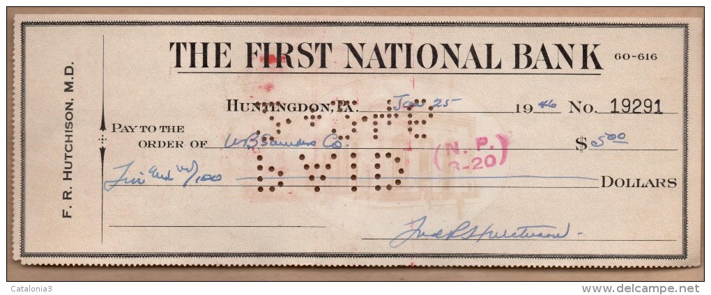 Documento Antiguo - CHEQUE TALON - The First National Bank 1946 - Cheques & Traverler's Cheques