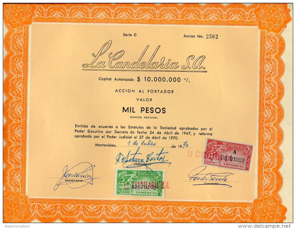 URUGUAY ACCIONES TITULOS SHAREHOLDING TITRES WITH ESTAMPILLAS TIMBRES STAMPS 1000 PESOS Nº2502 AÑO 1970 TBE GECKO - Industrie