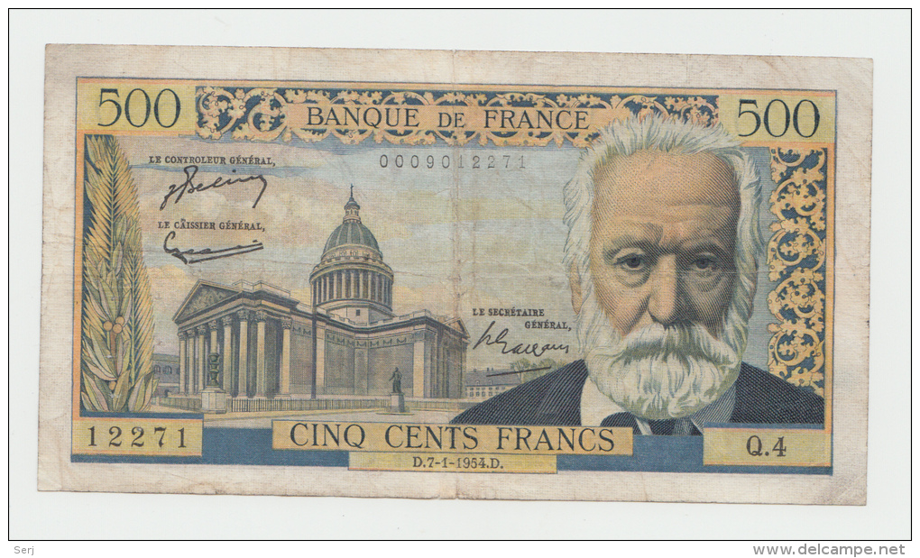 France 500 Francs 7-1-1954 "aF+" RARE Banknote P 133a  133 A - 500 F 1954-1958 ''Victor Hugo''