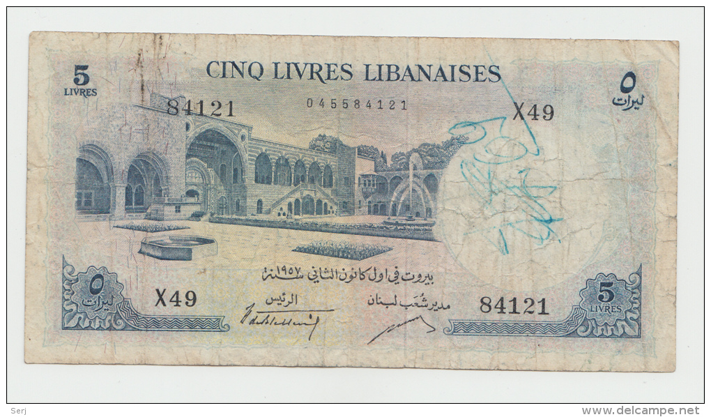 Lebanon 5 Livres 1957 "F+" RARE Banknote Pick 56 - Liban