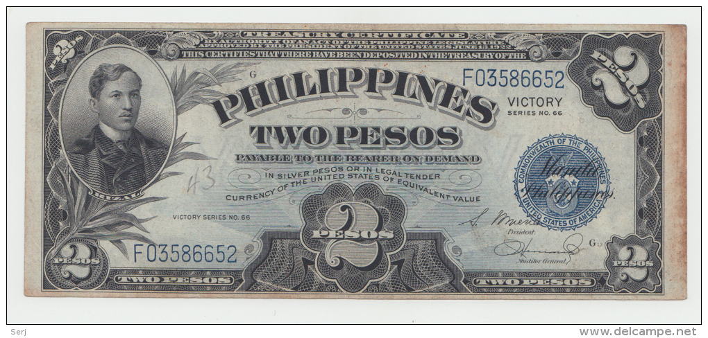 Philippines 2 Peso 1944 VF Victory Over Japan WW 2 - Series G Pick 95 - Filippijnen