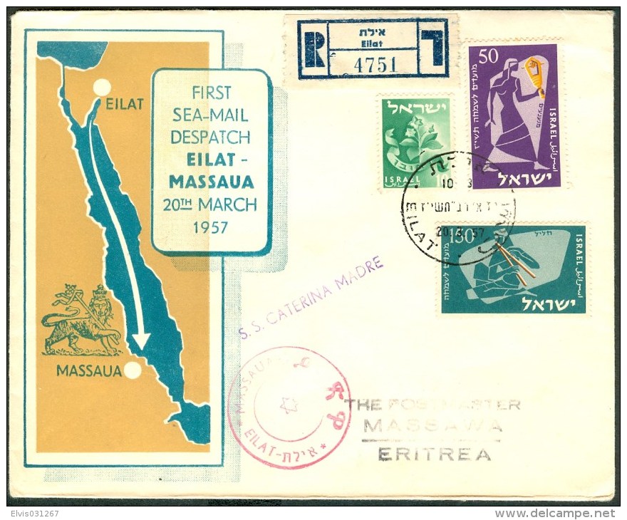 Israel LETTER SEA MAIL - 1957 FIRST SEA-MAIL EILAT-MASSAUA, REGISTERED, *** - Mint Condition - - FDC