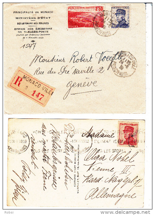 Monaco, Enveloppe Aff N 166 Et 277 Recommandée Pour Geneve, Et Une CP Affranchie Par N 163 - Storia Postale