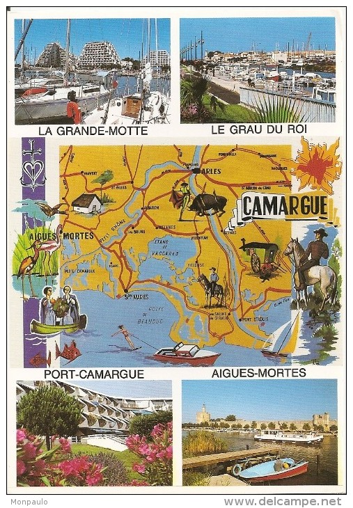 13. CPM. Bouches-du-Rhône. La Camargue. Plan Touristique Et 4 Vues (la Grande Motte, Le Grau Du Roi, Aigues Mortes - Autres & Non Classés