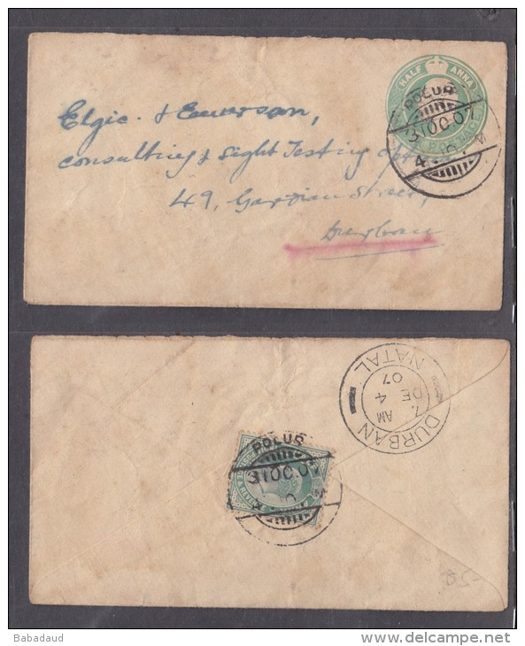 India Edward VII 1/2 Anna Envelope, Uprated By 1/2a, POLUS 31 OC 07 C.d.s. To DURBAN  NATAL DE 4 07; - 1902-11 King Edward VII