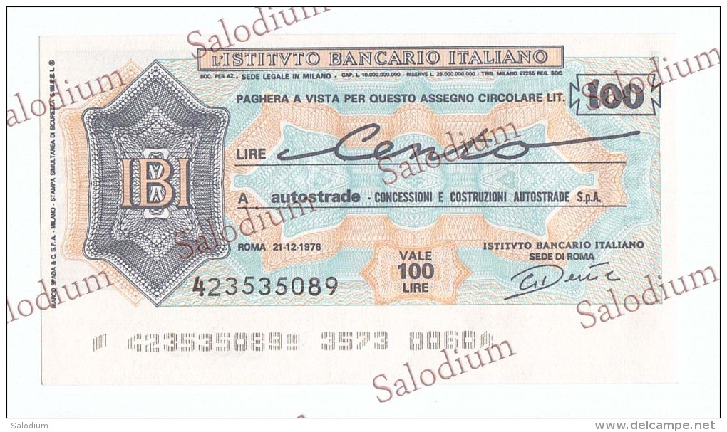 (*) ISTITUTO BANCARIO ITALIANO - AUTOSTRADA AUTOSTRADE - MINIASSEGNI - Banconota Banknote - [10] Assegni E Miniassegni