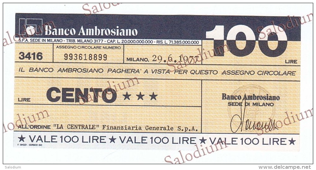 (*) BANCO AMBROSIANO - La Centrale Finanziaria Generale - MINIASSEGNI - Banconota Banknote Assegno - [10] Chèques