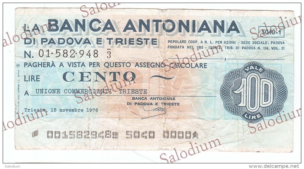 BANCA ANTONIANA - Ass. Commercianti Trieste - MINIASSEGNI - Banconota Banknote Assegno - [10] Chèques