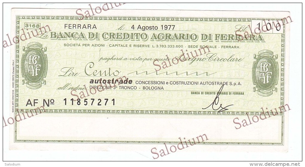 BANCA DI CREDITO AGRARIO DI FERRARA - Autostrada Autostrade Bologna - MINIASSEGNI - Banconota Banknote Assegno - [10] Chèques