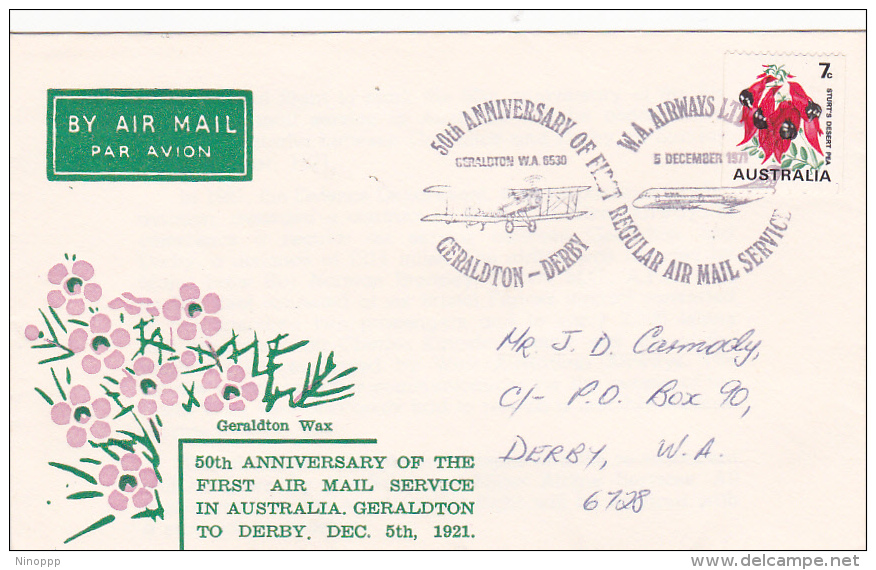 Australia 1971 50th Anniversary First Air Mail Service Geraldton-Derby Cover - Brieven En Documenten