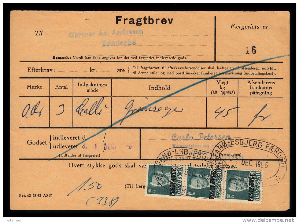 1955. Postfærge. Fr. IX. 50 Øre Bluegreen In 3-strip On Fragtbrev To Sønderho, Fanø Can... (Michel: PF38) - JF104780 - Paketmarken