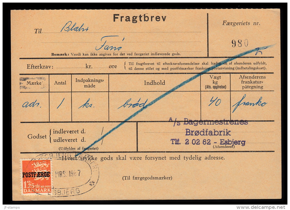 1965. Postfærge. 1,25 Kr. Orange On Fragtbrev To Fanø Cancelled FANØ - ESBJERG FÆRGERI ... (Michel: PF40) - JF104777 - Pacchi Postali