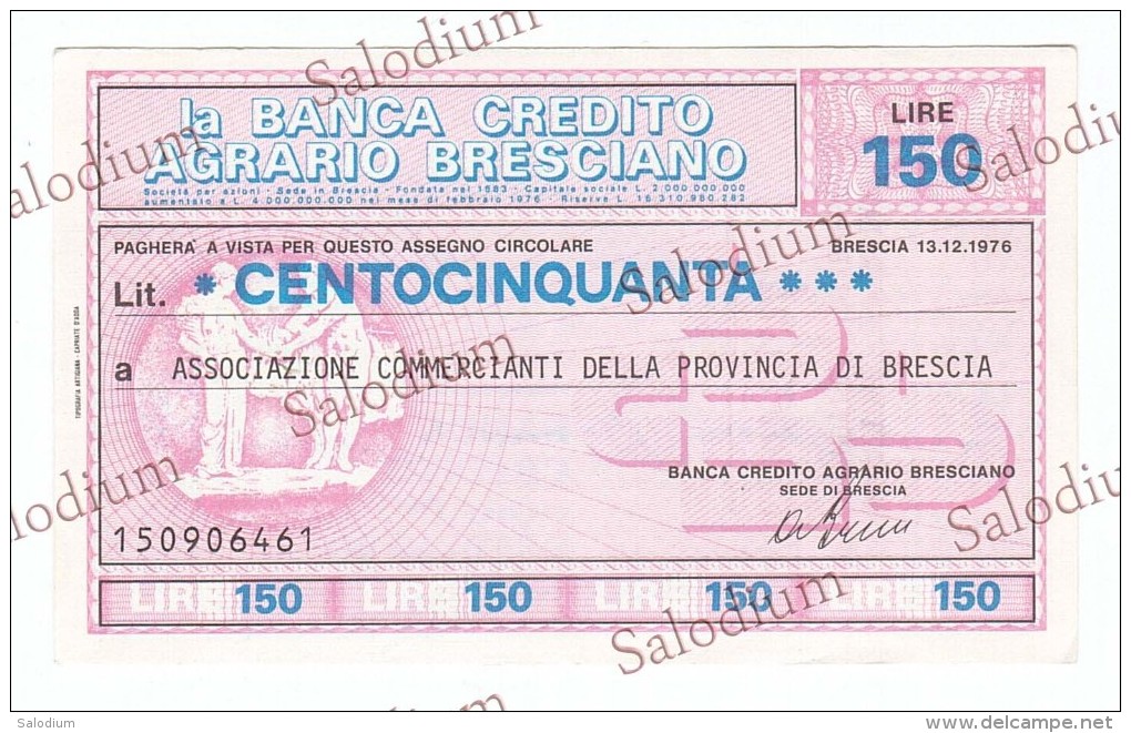 BANCA CREDITO AGRARIO BRESCIANO - BRESCIA - MINIASSEGNI - Banconota Banknote Assegno - [10] Assegni E Miniassegni