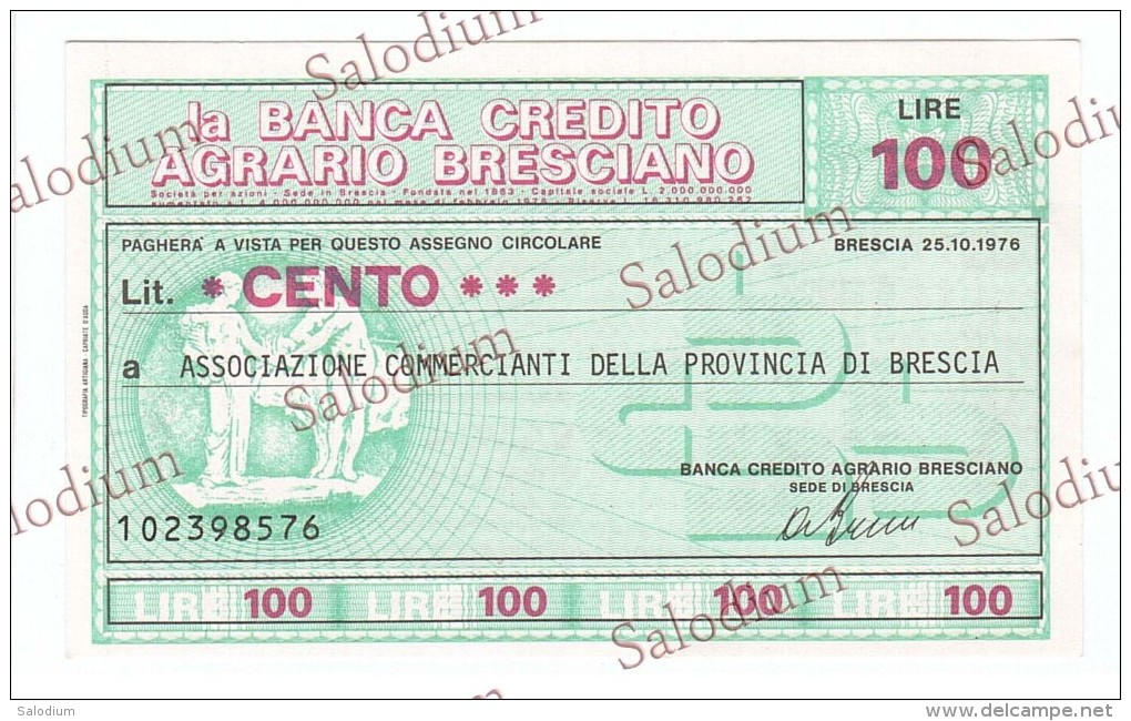 (*) BANCA CREDITO AGRARIO BRESCIANO - BRESCIA - MINIASSEGNI - Banconota Banknote Assegno - [10] Assegni E Miniassegni