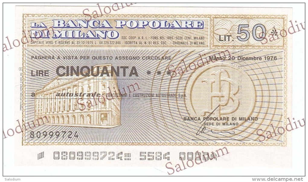 BANCA POPOLARE DI MILANO - AUTOSTRADE AUTOSTRADA - MINIASSEGNI - Banconota Banknote Assegno - [10] Assegni E Miniassegni