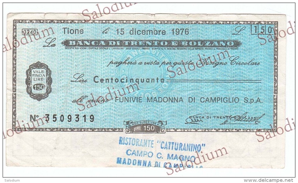 BANCA DI TRENTO E BOLZANO - TIONE - FUNIVIE MADONNA DI CAMPIGLIO - MINIASSEGNI - Banconota Banknote Assegno - [10] Chèques