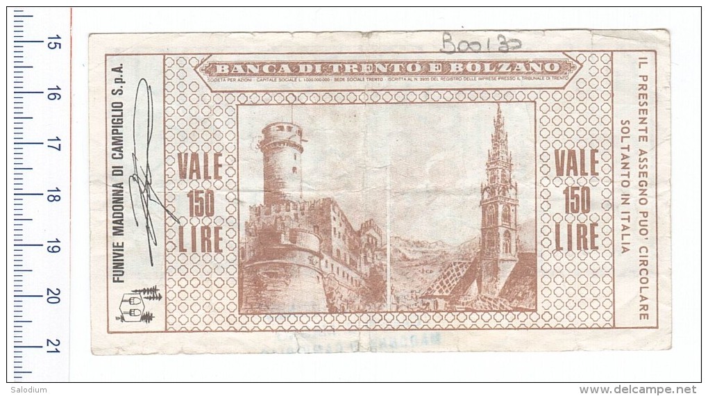 BANCA DI TRENTO E BOLZANO - TIONE - FUNIVIE MADONNA DI CAMPIGLIO - MINIASSEGNI - Banconota Banknote Assegno - [10] Assegni E Miniassegni