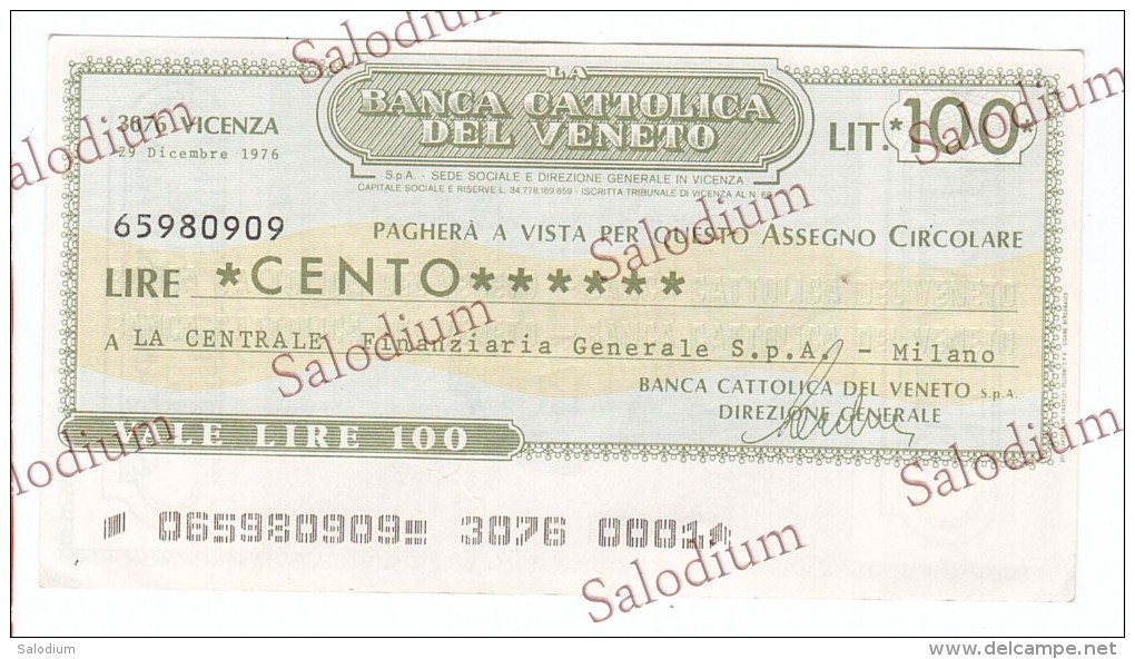 BANCA CATTOLICA DEL VENETO - La Centrale Finanziaria Milano - MINIASSEGNI - Banconota Banknote Assegno - [10] Assegni E Miniassegni