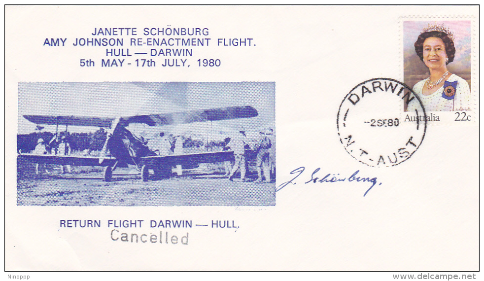 Australia 1980 Re-Enactment Flight Hull-Darwin Signed Cover - Brieven En Documenten