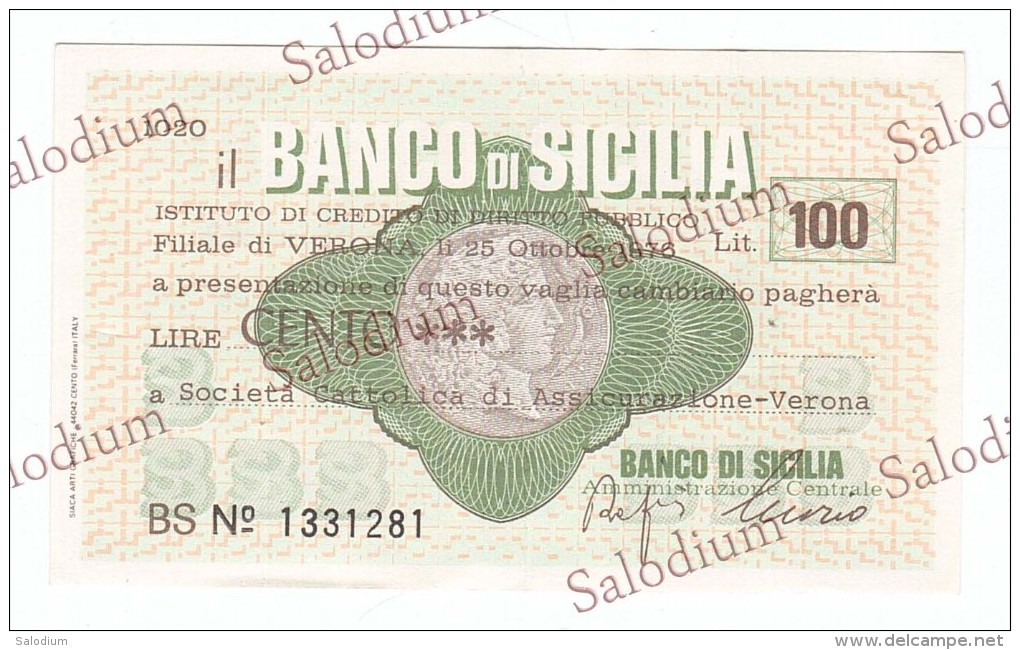 BANCO DI SICILIA - Cattolica Assicurazione Verona - MINIASSEGNI - Banconota Banknote Assegno - [10] Assegni E Miniassegni