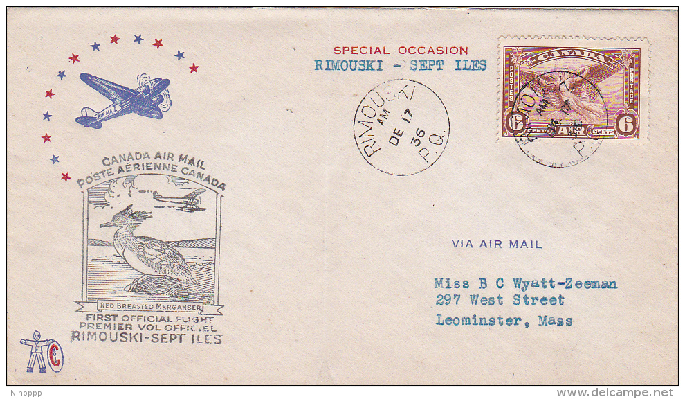 Canada 1936 Flight Cover Rimouski-Sept Iles - Erst- U. Sonderflugbriefe