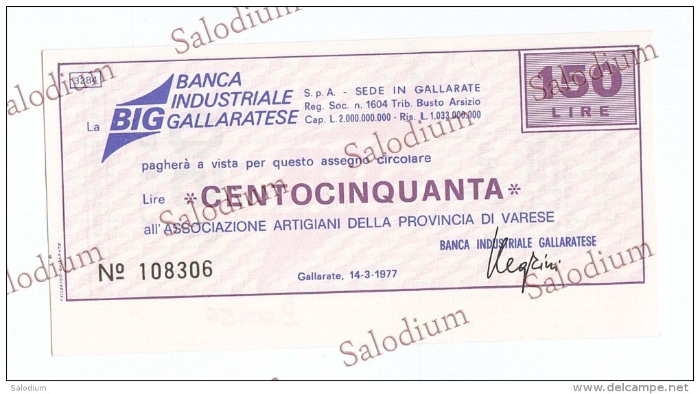 BIG BANCA INDUSTRIALE GALLARATESE - GALLARATE VARESE - MINIASSEGNI - Banconota Banknote Assegno - [10] Assegni E Miniassegni