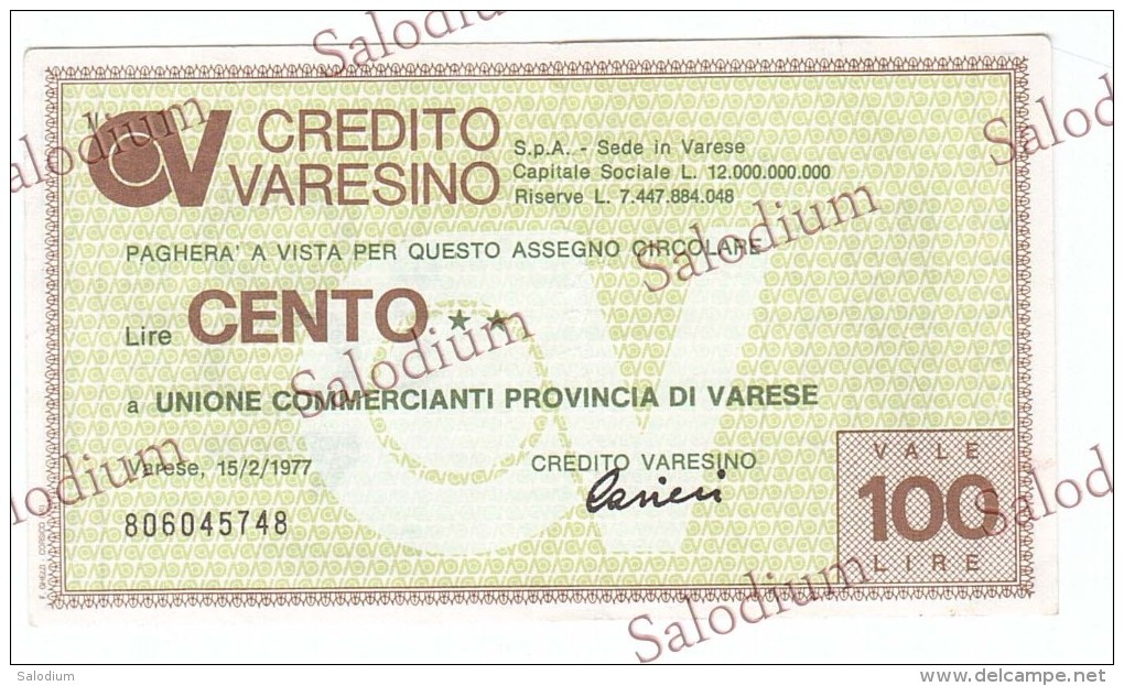 (*) CREDITO VARESINO VARESE - MINIASSEGNI - Banconota Banknote Assegno - [10] Assegni E Miniassegni