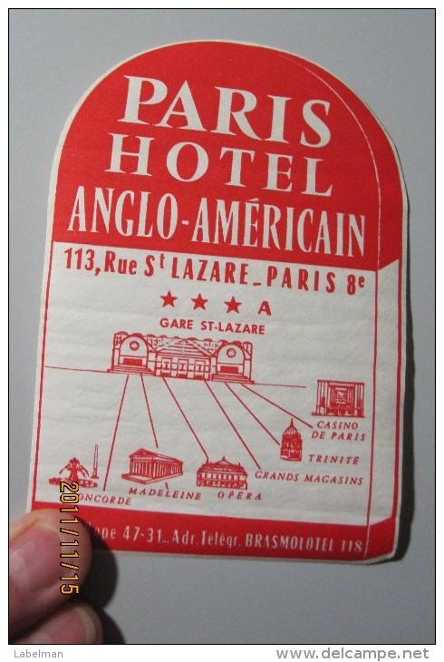 HOTEL AUBERGE MOTEL ALGLO AMERICAIN PARIS FRANCE DECAL STICKER VINTAGE LUGGAGE LABEL ETIQUETTE AUFKLEBER - Hotel Labels