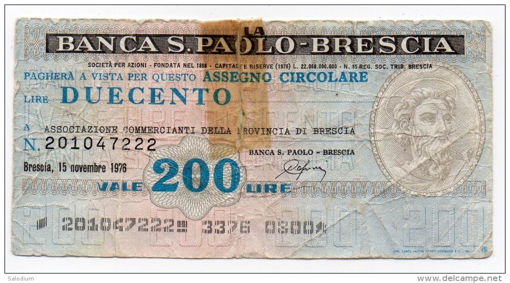 BANCA S. PAOLO BRESCIA - MINIASSEGNI - Banconota Banknote Assegno - [10] Assegni E Miniassegni