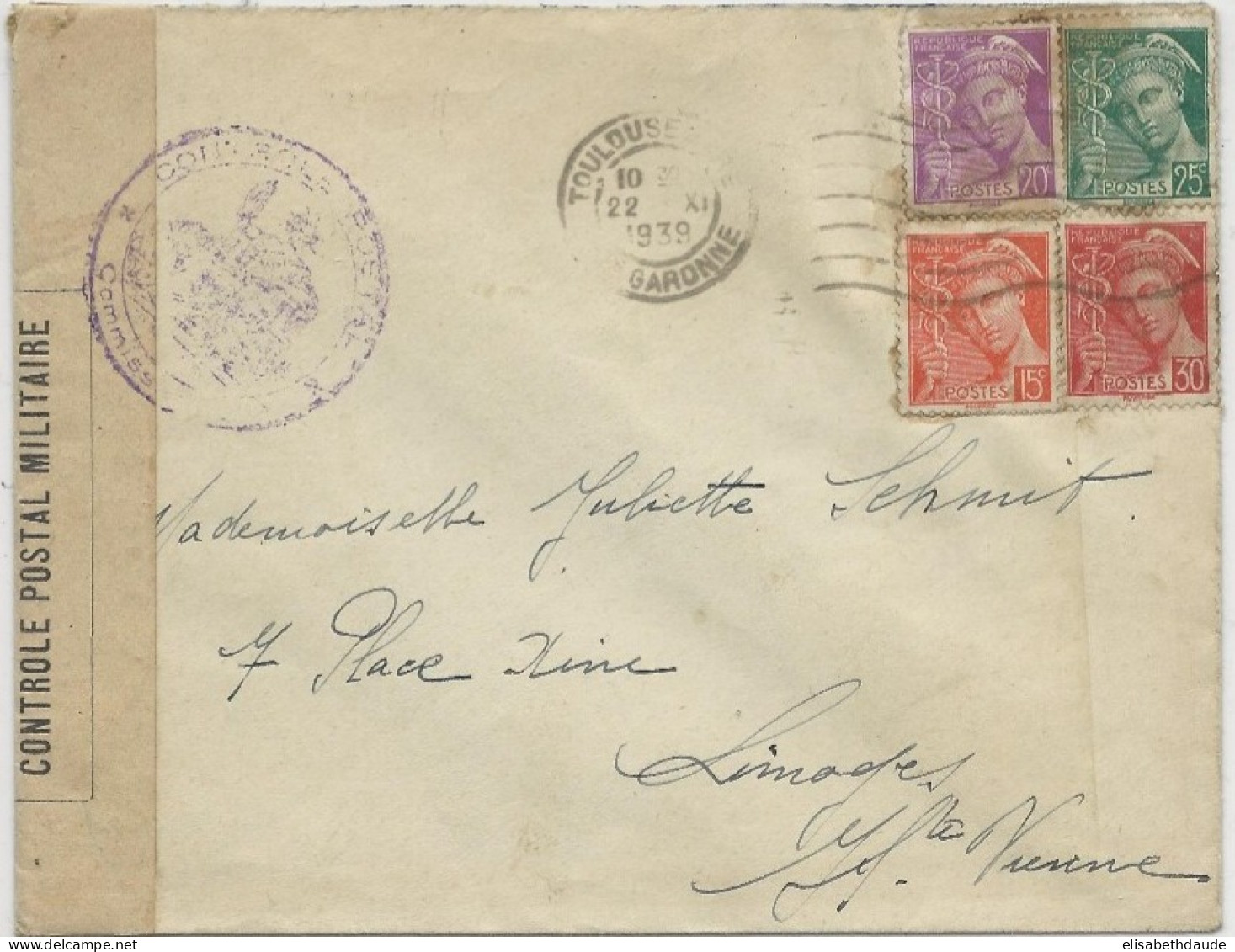 1939 - CENSURE FRANCAISE Sur ENVELOPPE De TOULOUSE (HAUTE GARONNE) Pour LIMOGES - MERCURE - 1938-42 Mercurio