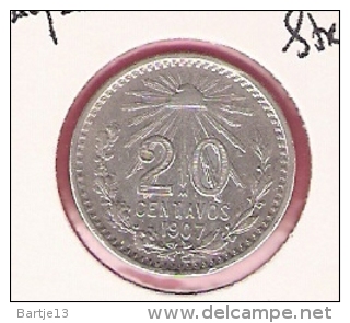 MEXICO 20 CENTAVOS 1907 STRAIGHT 7  SILVER KM435 - México