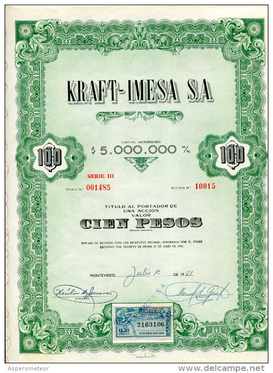 URUGUAY ACCIONES SHAREHOLDING TITRES N°10015 "KRAFT-IMESA S.A" YEAR 1951 100 PESOS WITH STAMPS TBE GECKO - Industrie