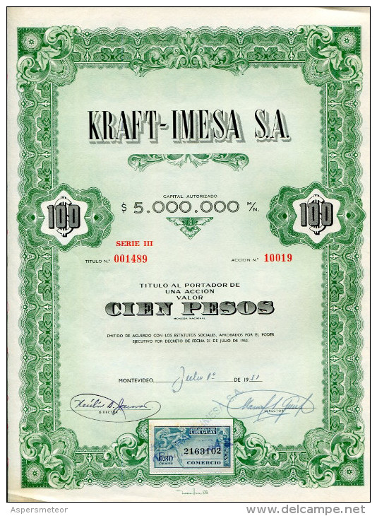 URUGUAY ACCIONES SHAREHOLDING TITRES N°10019 "KRAFT-IMESA S.A" YEAR 1951 100 PESOS WITH STAMPS TBE GECKO - Industrie
