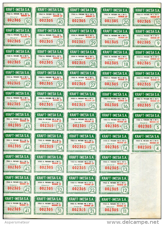 URUGUAY ACCIONES SHAREHOLDING TITRES N°10019 "KRAFT-IMESA S.A" YEAR 1951 100 PESOS WITH STAMPS TBE GECKO - Industrie