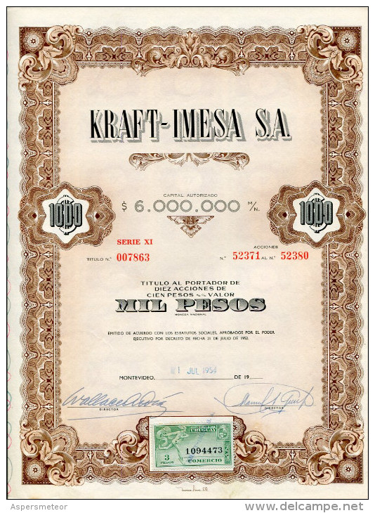 URUGUAY ACCIONES SHAREHOLDING TITRES N°52380 "KRAFT-IMESA S.A" YEAR 1954 1000 PESOS WITH STAMPS TBE GECKO - Industrie