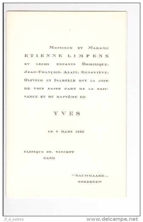 Naissance Et Baptême De Limpens Yves Né Le 9 Mars 1966 Oordegem - Naissance & Baptême