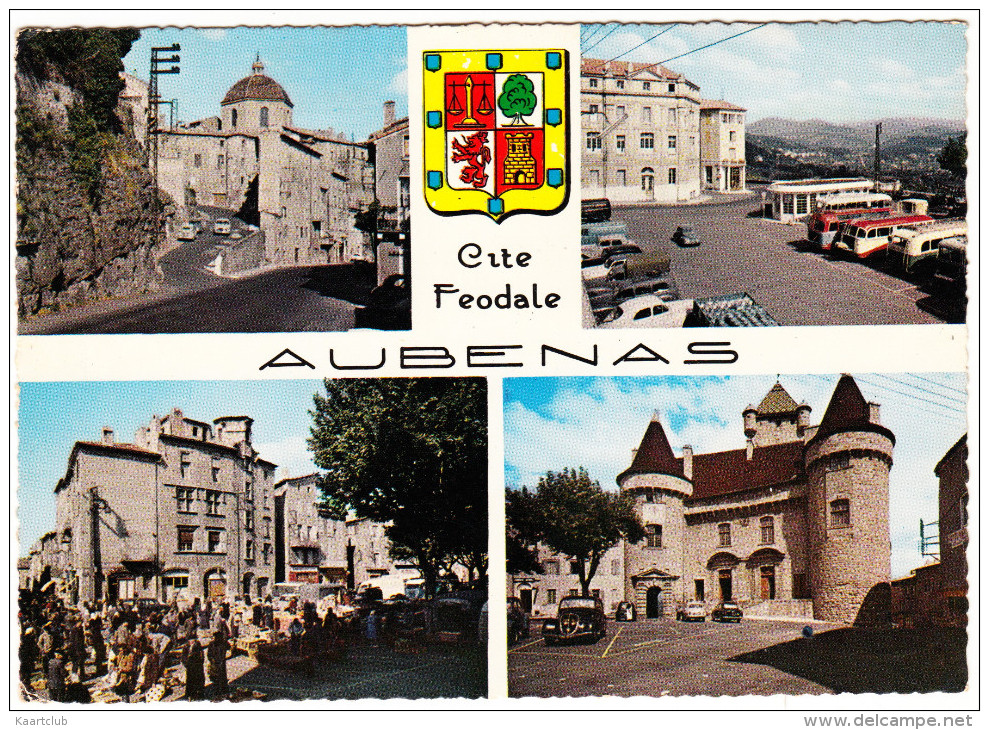 Aubenas-en-Vivarais: PEUGEOT 402, 203, 203 FAMILIALE & 203 U - 5x Autobus - Dome, L'Airette, Marché,Chateau (F) - Voitures De Tourisme