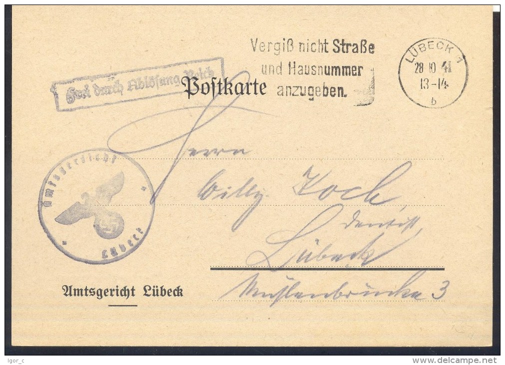 Germany Deutsches Reich 1941 Card: Post Vergiss Nicht Strasse Und Hausnummer Anzugeben! Lübeck Slogan Cancellation - Autres & Non Classés