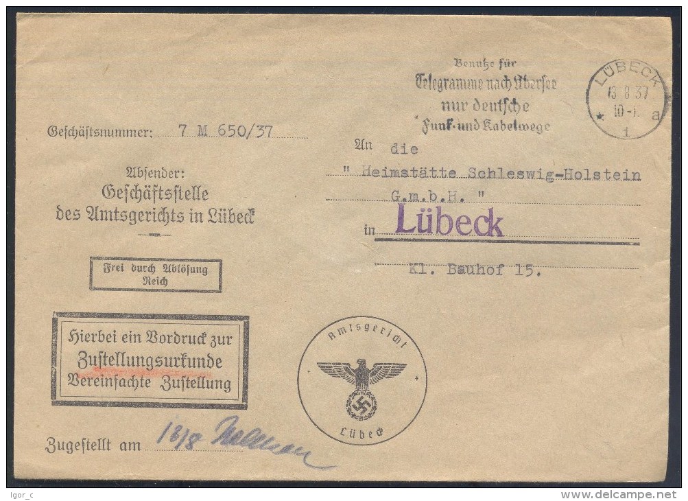 Germany Deutsches Reich 1937 Cover Post Benutze Für Telegramme Nach Ubersee Nur Deutsche ..Kabelwege Slogan Cancellation - Autres & Non Classés