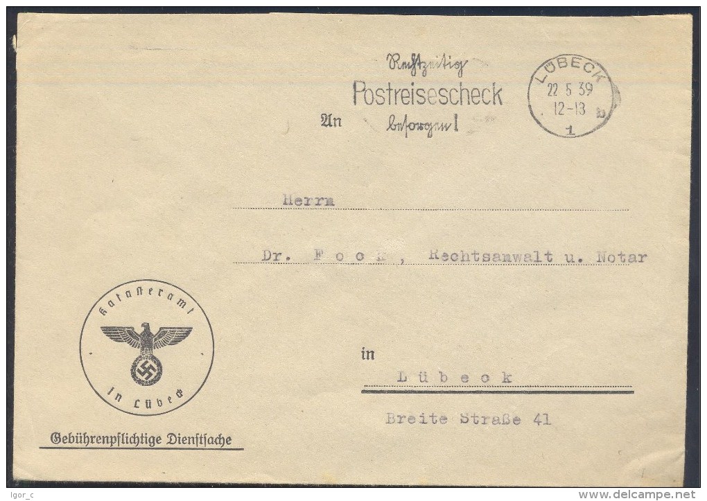 Germany Deutsches Reich 1939 Cover: Post Check Postreisescheck Slogan Cancellation - Autres & Non Classés