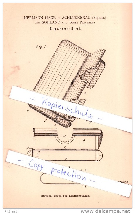 Original Patent - H. Hage In Schluckenau / Sluknov Und Sohland A. D. Spree , 1884 , Cigarren-Etui - Sigarenkokers