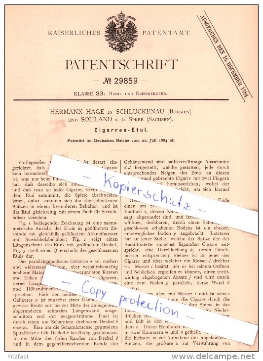 Original Patent - H. Hage In Schluckenau / Sluknov Und Sohland A. D. Spree , 1884 , Cigarren-Etui - Étuis à Cigares