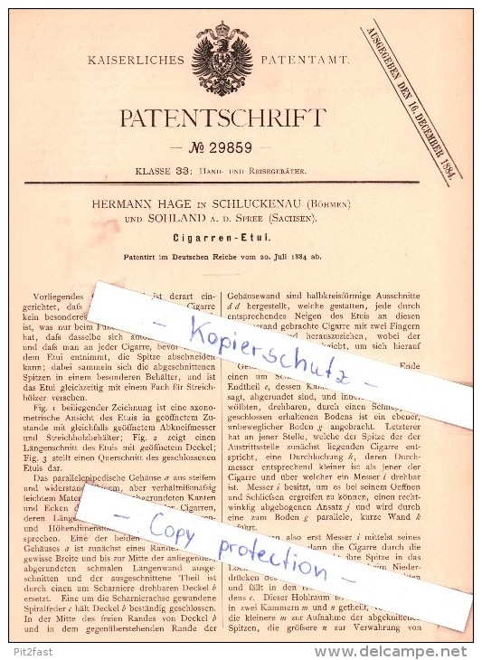 Original Patent - H. Hage In Schluckenau / Sluknov Und Sohland A. D. Spree , 1884 , Cigarren-Etui - Zigarrenetuis